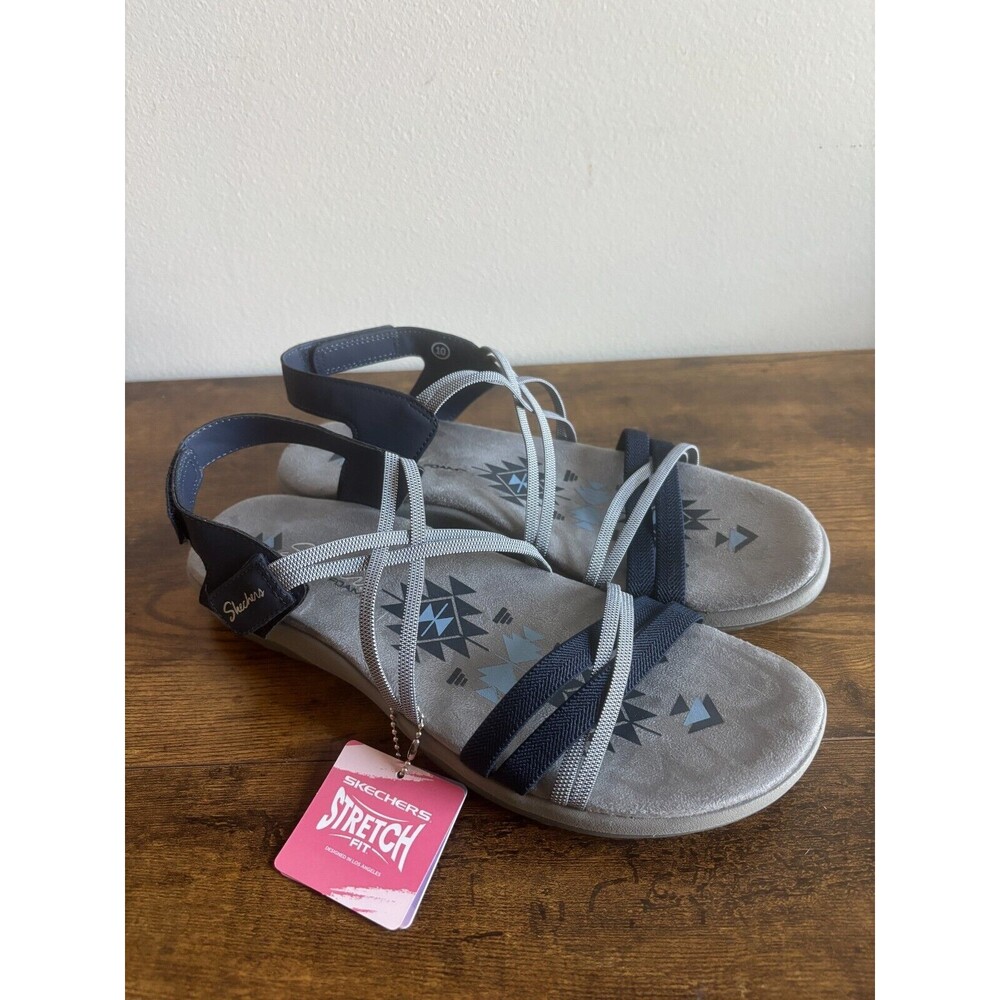 Skechers Womens Reggae Slim Takes Two Navy/Gray Slip on Stretch Sandals Size 10